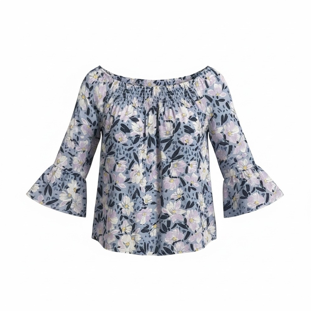 Hope & Harlow Floral Smocked Boho Peasant Blouse Blue Lavender Ruffle Sleeve 1X‎